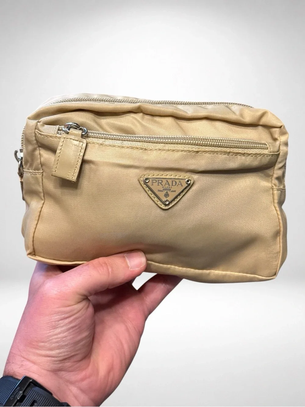 PRADA Authentic Nylon Cosmetic Pouch Beige Zip Makeup Travel Toiletry Bag